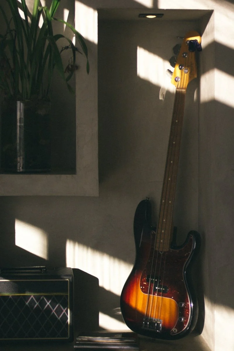 Paint By Numbers | Bass - Brown Electric Guitar On Black Guitar Stand