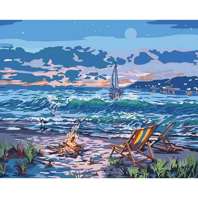 Paint By Numbers | Bonfire by The Beach at Night